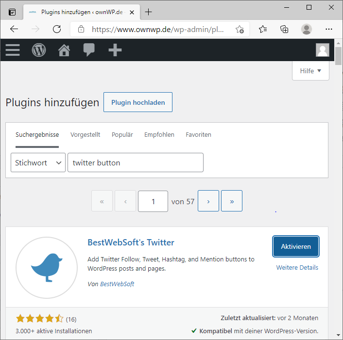WordPress Plugin Anzeige, nach der Installation