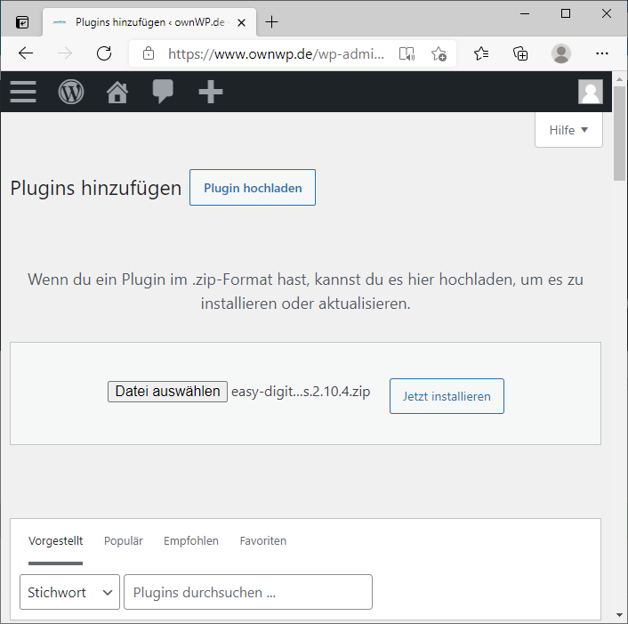 Plugin über das WordPress Admininterface hochladen