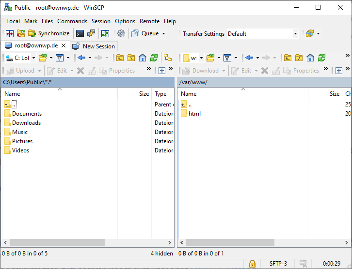 WinSCP Verbindung zum WordPress Server hergestellt