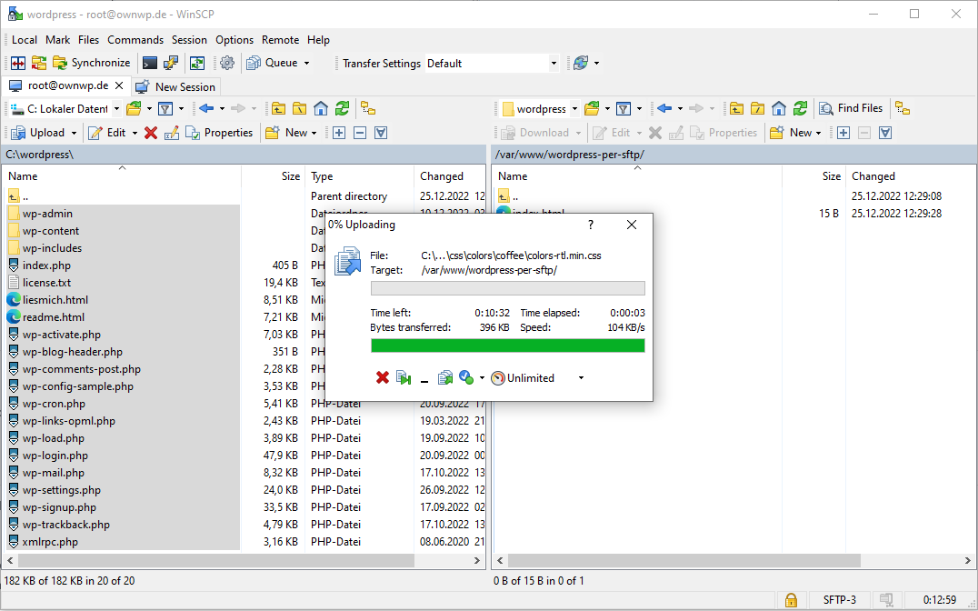 winscp dateien werden transferiert