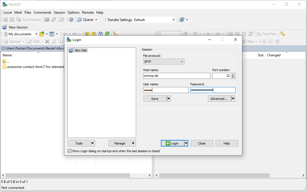 winscp verbindungsaufbau fenster mit logindaten